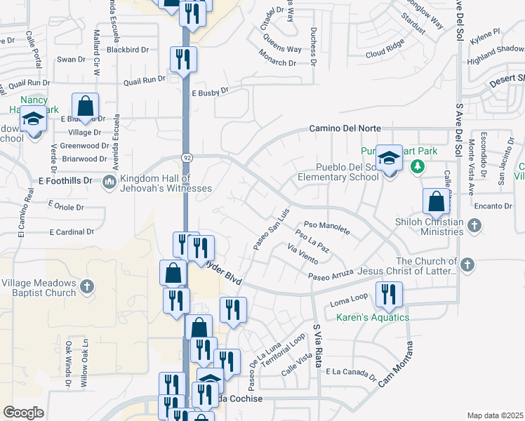 map of restaurants, bars, coffee shops, grocery stores, and more near 4385 Avenue Palermo in Sierra Vista