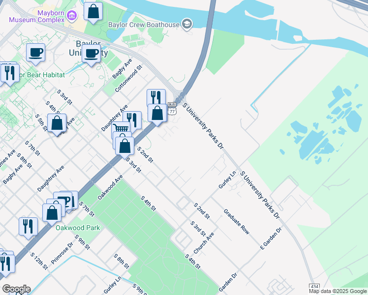 map of restaurants, bars, coffee shops, grocery stores, and more near 1915 South University Parks Drive in Waco