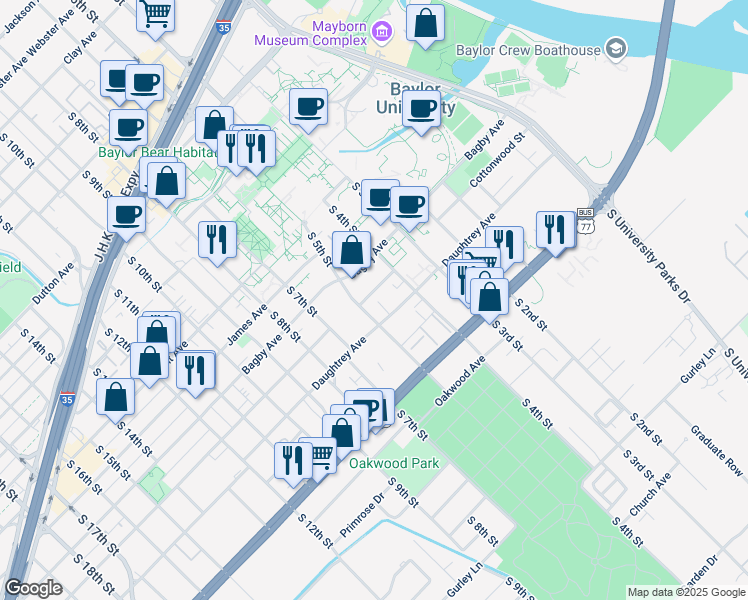 map of restaurants, bars, coffee shops, grocery stores, and more near 1825 South 5th Street in Waco