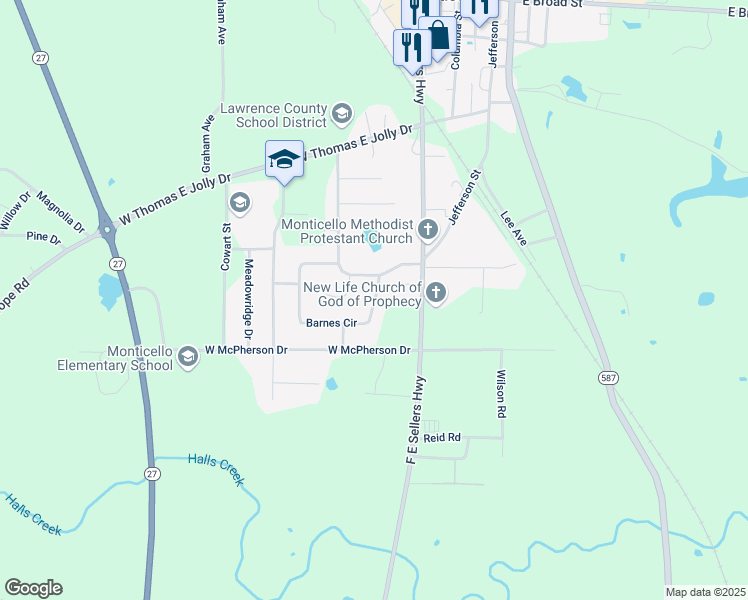 map of restaurants, bars, coffee shops, grocery stores, and more near 1116 Barnes Circle in Monticello