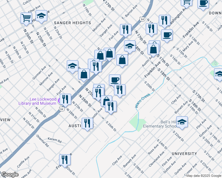 map of restaurants, bars, coffee shops, grocery stores, and more near 2309 Austin Avenue in Waco