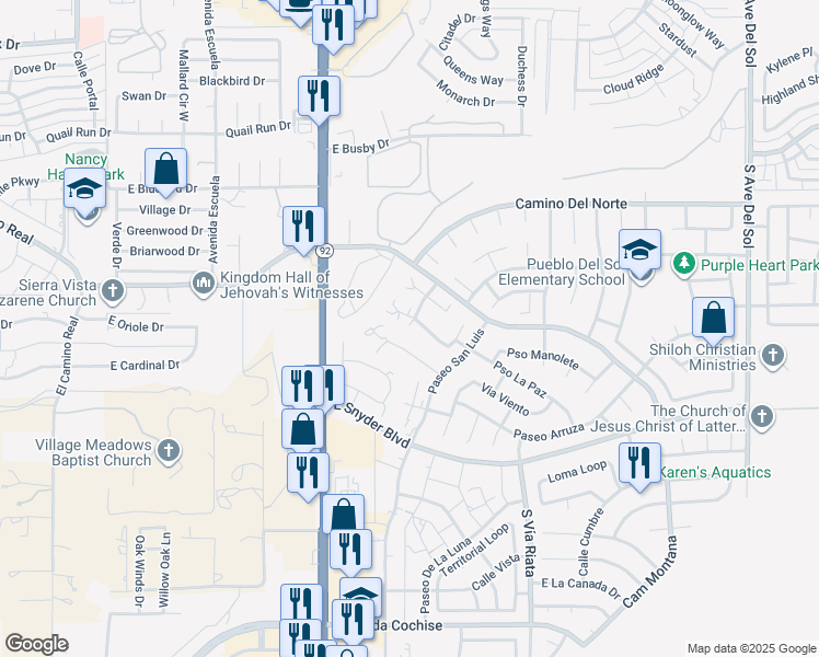 map of restaurants, bars, coffee shops, grocery stores, and more near 4232 Avenue Palermo in Sierra Vista