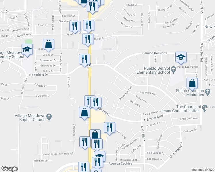 map of restaurants, bars, coffee shops, grocery stores, and more near 4250c Plaza Oro Loma in Sierra Vista