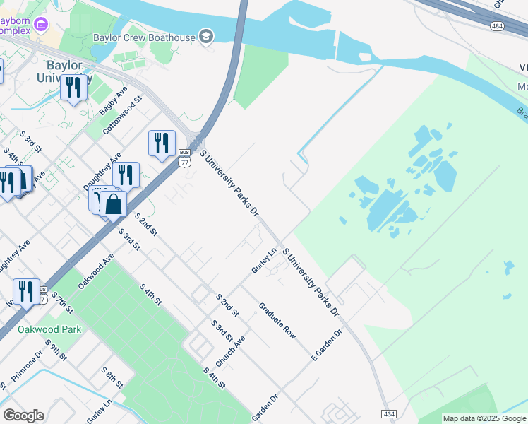 map of restaurants, bars, coffee shops, grocery stores, and more near 2501 Farm to Market Road 434 in Waco