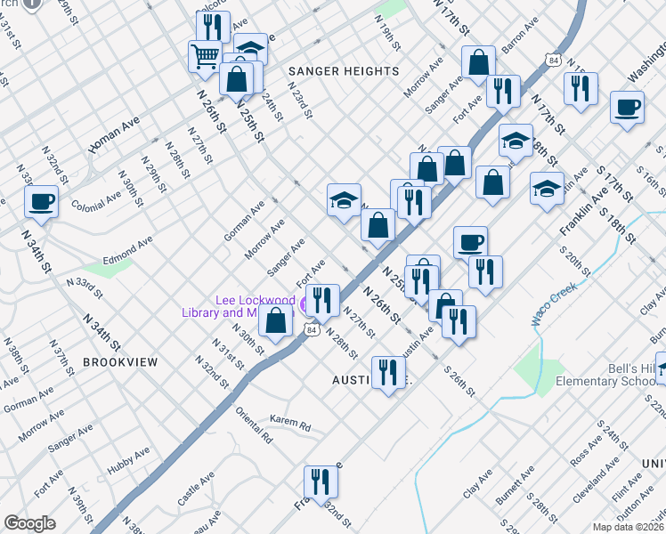 map of restaurants, bars, coffee shops, grocery stores, and more near 2510 Fort Avenue in Waco