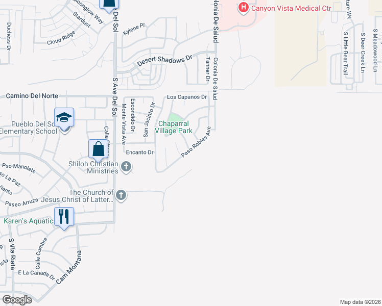 map of restaurants, bars, coffee shops, grocery stores, and more near 5482 Waco Drive in Sierra Vista