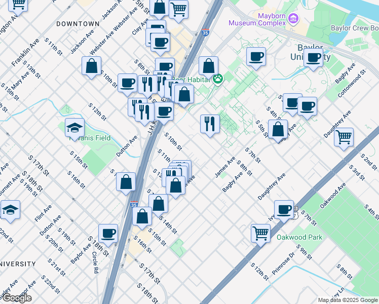 map of restaurants, bars, coffee shops, grocery stores, and more near 1410 South 10th Street in Waco