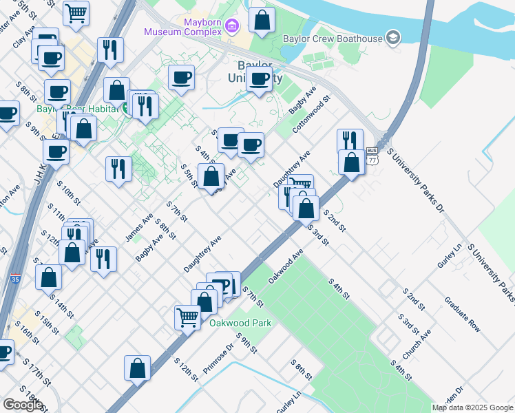 map of restaurants, bars, coffee shops, grocery stores, and more near 1825 South 3rd Street in Waco
