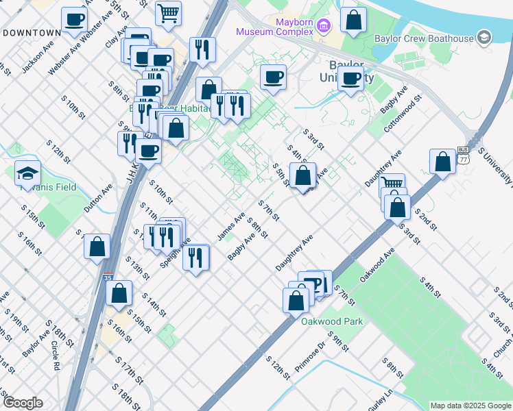 map of restaurants, bars, coffee shops, grocery stores, and more near 702 Speight Avenue in Waco