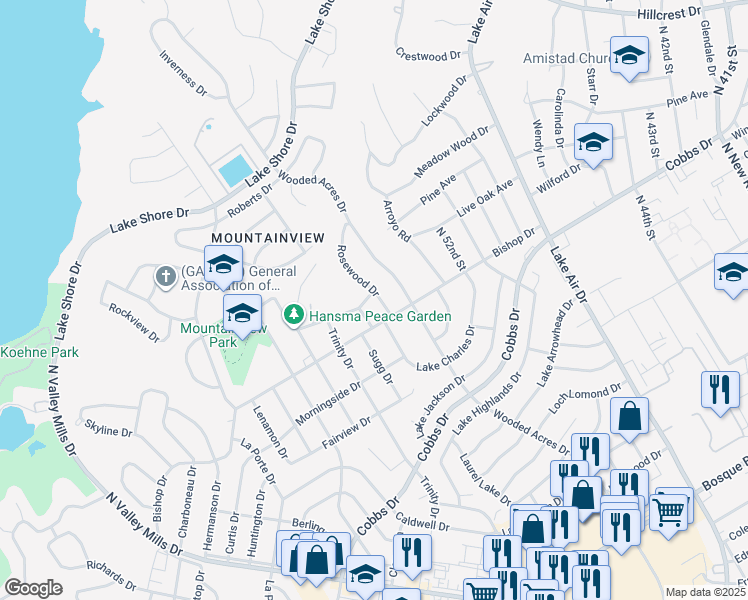 map of restaurants, bars, coffee shops, grocery stores, and more near 2307 Rosewood Drive in Waco