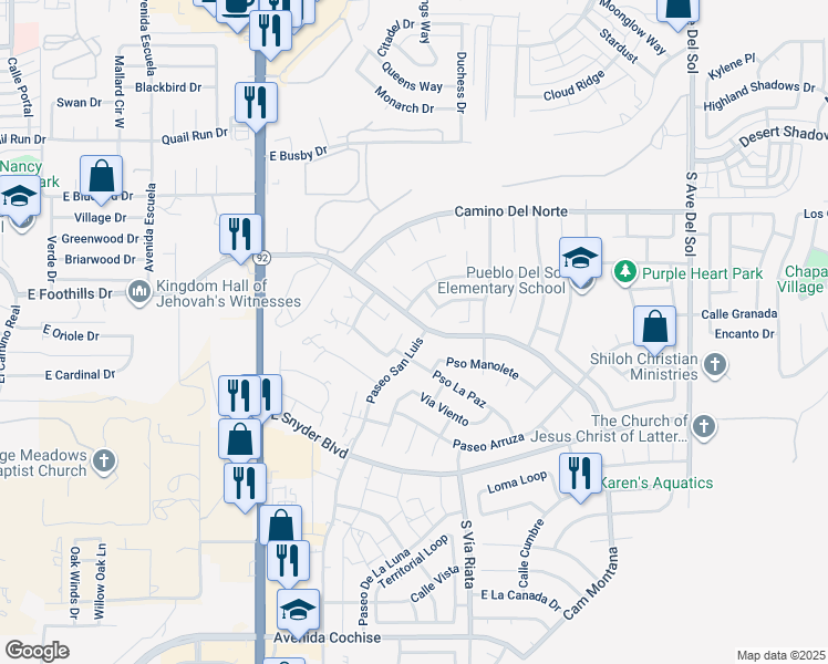 map of restaurants, bars, coffee shops, grocery stores, and more near 4524 Paseo Las Palmas in Sierra Vista