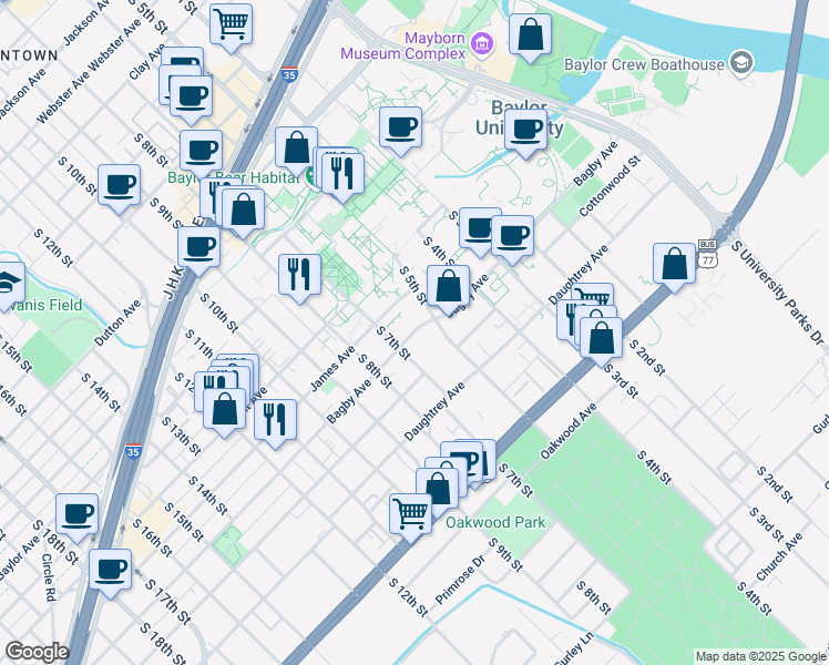 map of restaurants, bars, coffee shops, grocery stores, and more near 602 James Avenue in Waco