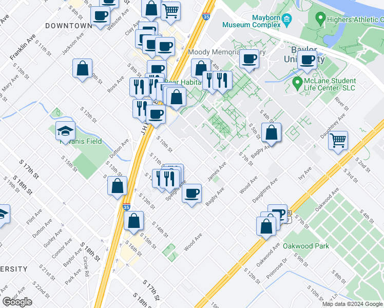 map of restaurants, bars, coffee shops, grocery stores, and more near 1415 South 9th Street in Waco