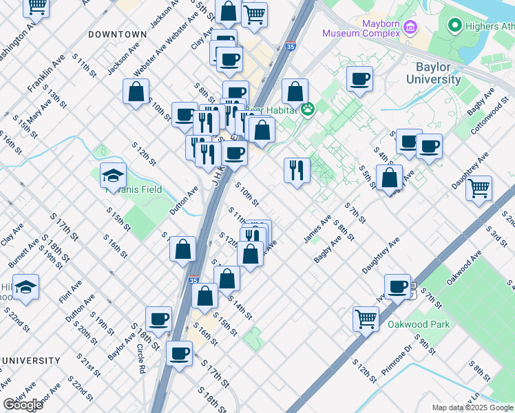 map of restaurants, bars, coffee shops, grocery stores, and more near 1301 South 10th Street in Waco