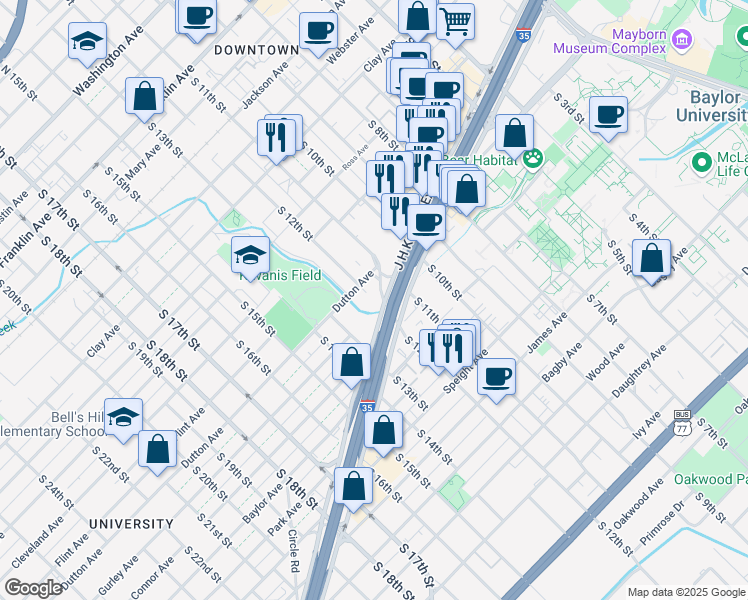 map of restaurants, bars, coffee shops, grocery stores, and more near 1122 Dutton Avenue in Waco