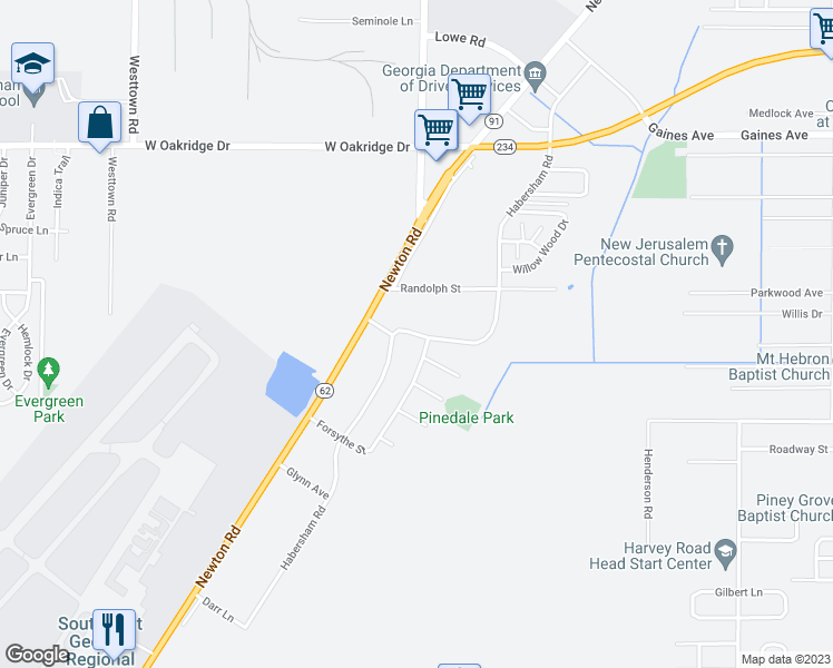 map of restaurants, bars, coffee shops, grocery stores, and more near 2419 Habersham Road in Albany