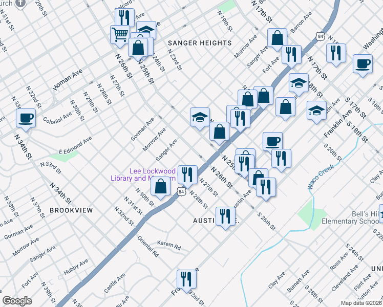 map of restaurants, bars, coffee shops, grocery stores, and more near 520 North 26th Street in Waco