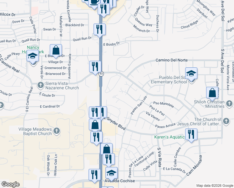 map of restaurants, bars, coffee shops, grocery stores, and more near 4305 Avenue Palermo in Sierra Vista