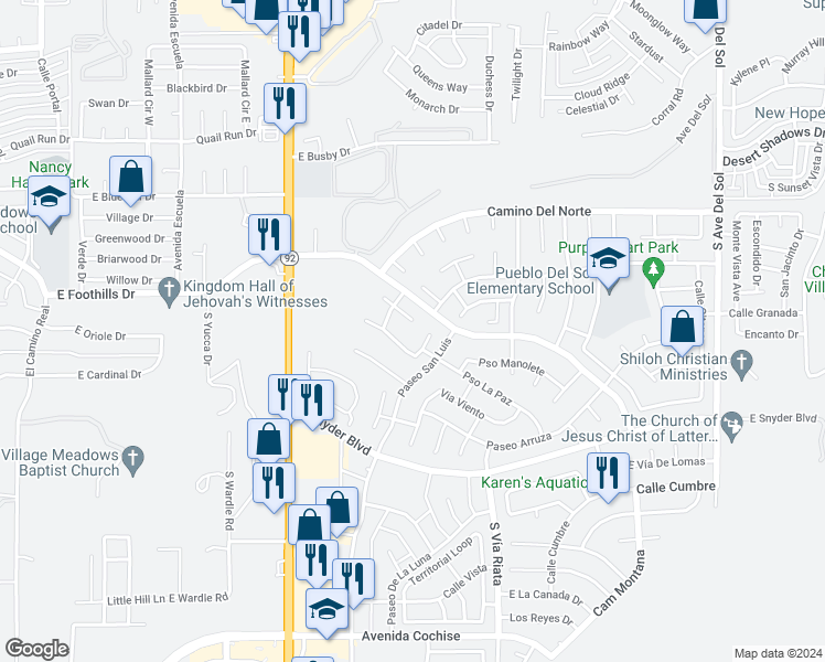 map of restaurants, bars, coffee shops, grocery stores, and more near 4424 Plaza Vista in Sierra Vista