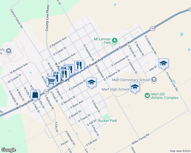 map of restaurants, bars, coffee shops, grocery stores, and more near 812 East Limestone Street in Mart