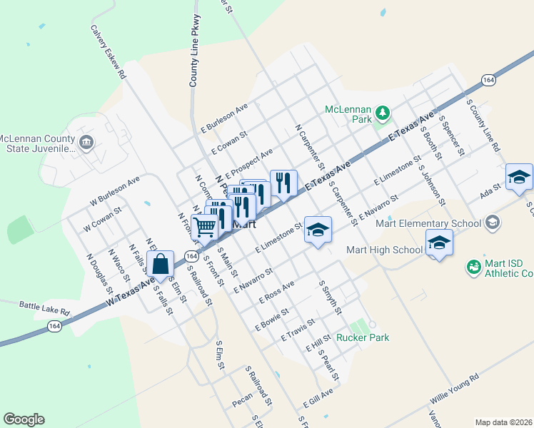 map of restaurants, bars, coffee shops, grocery stores, and more near 198 N Criswell St in Mart