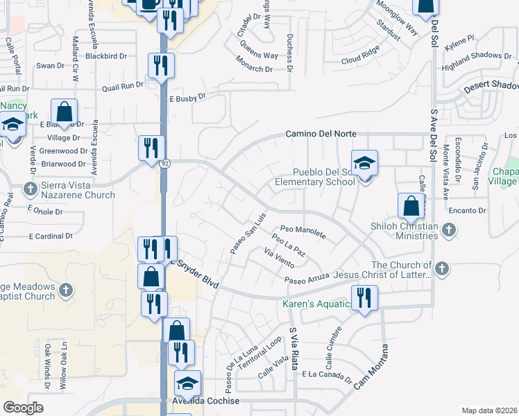 map of restaurants, bars, coffee shops, grocery stores, and more near 4524 Paseo Las Palmas in Sierra Vista