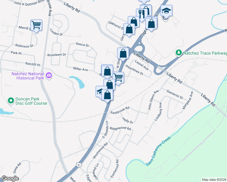 map of restaurants, bars, coffee shops, grocery stores, and more near 193 Sgt Prentiss Dr in Natchez