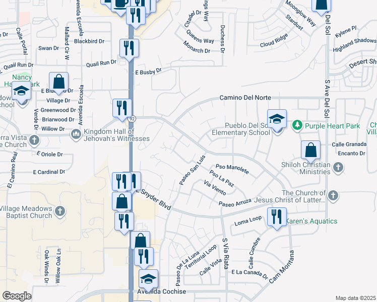 map of restaurants, bars, coffee shops, grocery stores, and more near 4419 Plaza Vista in Sierra Vista