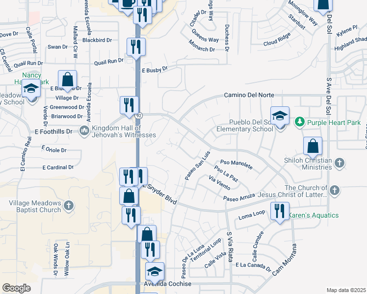 map of restaurants, bars, coffee shops, grocery stores, and more near 4419 Plaza Vista in Sierra Vista