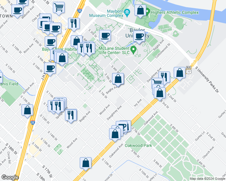 map of restaurants, bars, coffee shops, grocery stores, and more near 602 James Avenue in Waco