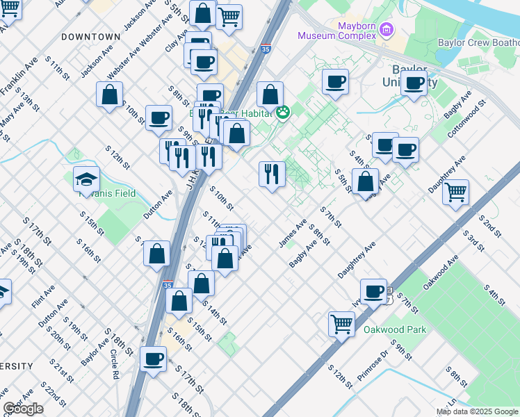 map of restaurants, bars, coffee shops, grocery stores, and more near 1415 South 9th Street in Waco