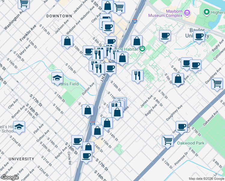 map of restaurants, bars, coffee shops, grocery stores, and more near 1301 South 10th Street in Waco