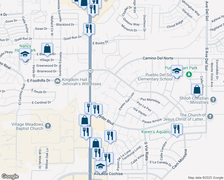 map of restaurants, bars, coffee shops, grocery stores, and more near 4220 Avenue Palermo in Sierra Vista