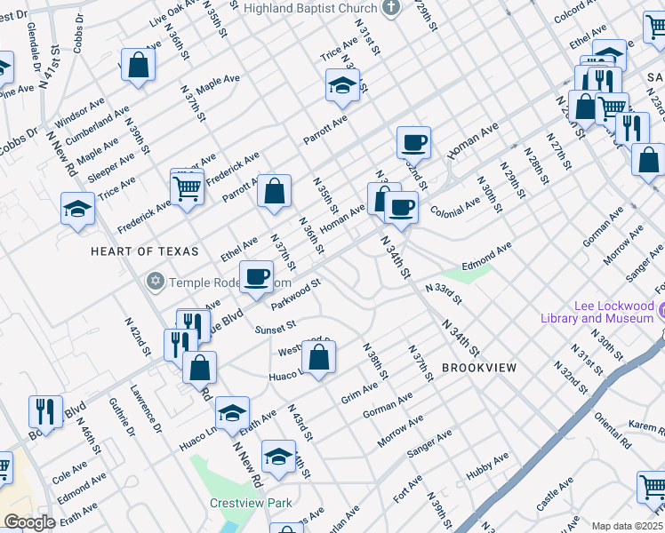 map of restaurants, bars, coffee shops, grocery stores, and more near 3621 East Brookview Drive in Waco