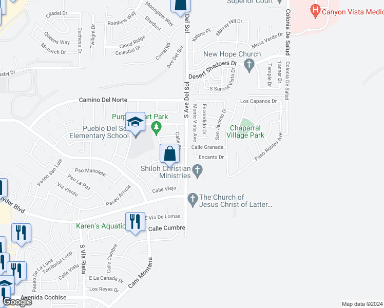 map of restaurants, bars, coffee shops, grocery stores, and more near 1222 Monte Vista Avenue in Sierra Vista