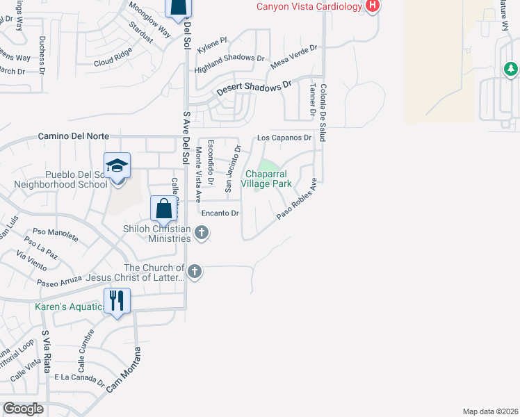 map of restaurants, bars, coffee shops, grocery stores, and more near 1226 Questa Court in Sierra Vista