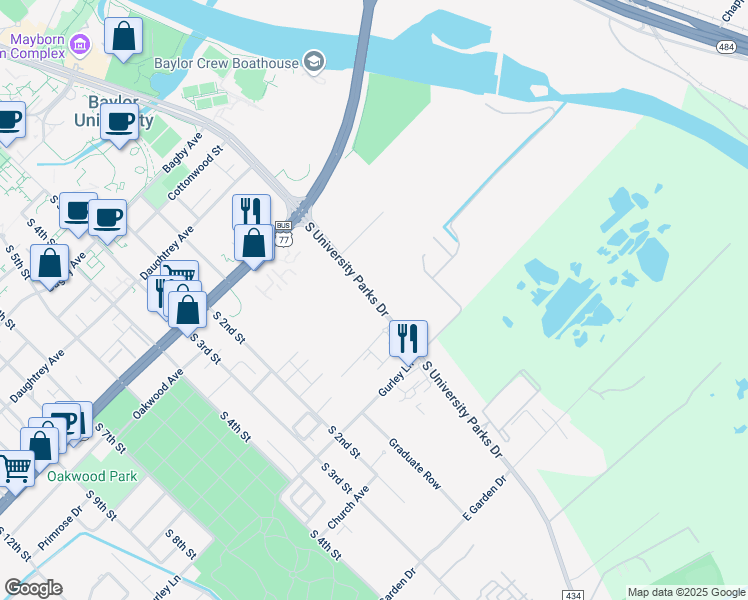 map of restaurants, bars, coffee shops, grocery stores, and more near 2406 South University Parks Drive in Waco
