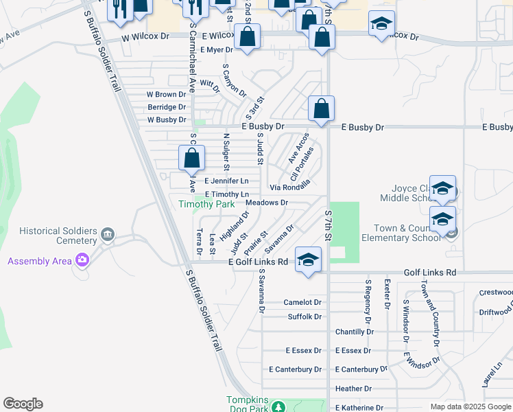 map of restaurants, bars, coffee shops, grocery stores, and more near 265 Meadows Drive in Sierra Vista