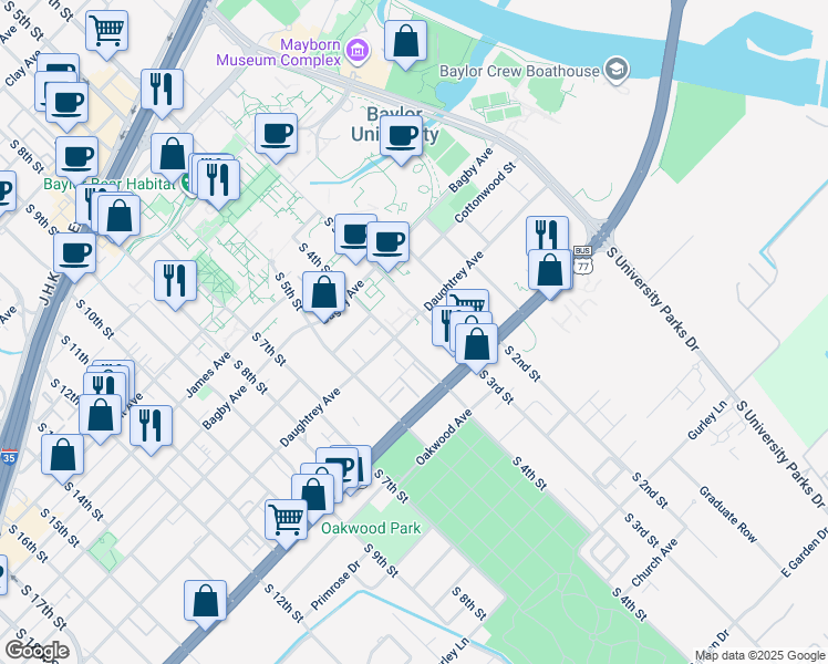 map of restaurants, bars, coffee shops, grocery stores, and more near 1825 South 3rd Street in Waco