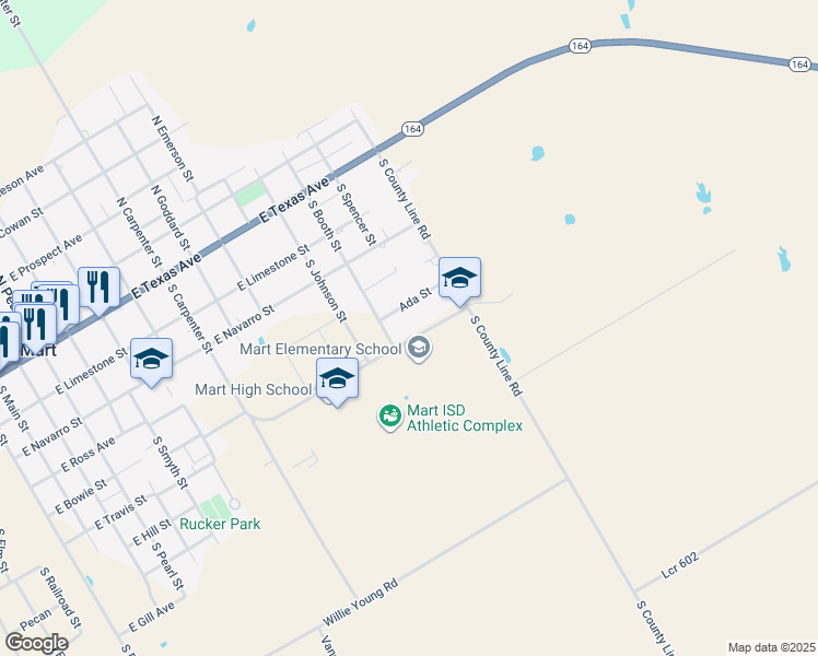 map of restaurants, bars, coffee shops, grocery stores, and more near 1400 Kensington Road in Mart