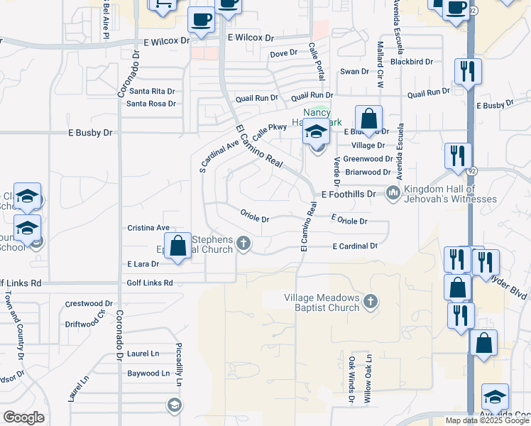 map of restaurants, bars, coffee shops, grocery stores, and more near 2747 Oriole Drive in Sierra Vista