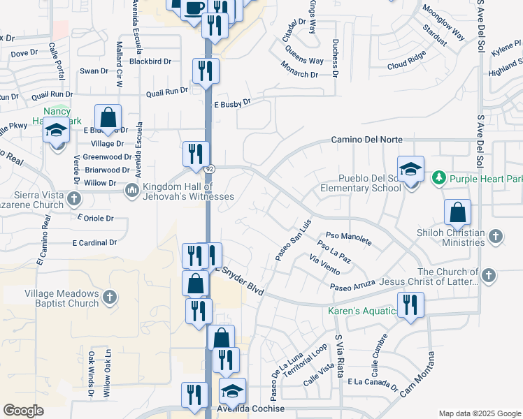 map of restaurants, bars, coffee shops, grocery stores, and more near 4305 Avenue Palermo in Sierra Vista