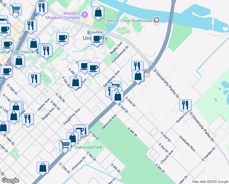 map of restaurants, bars, coffee shops, grocery stores, and more near 1920 South 3rd Street in Waco