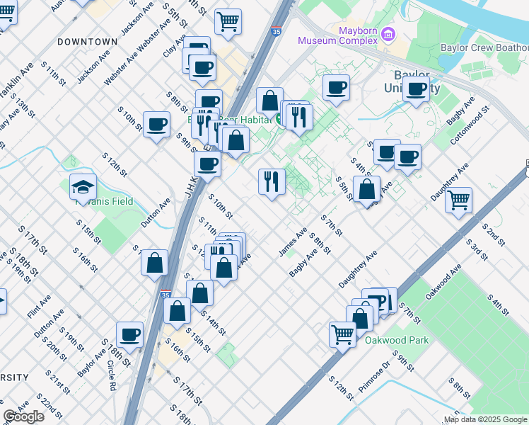 map of restaurants, bars, coffee shops, grocery stores, and more near 1425 South 8th Street in Waco