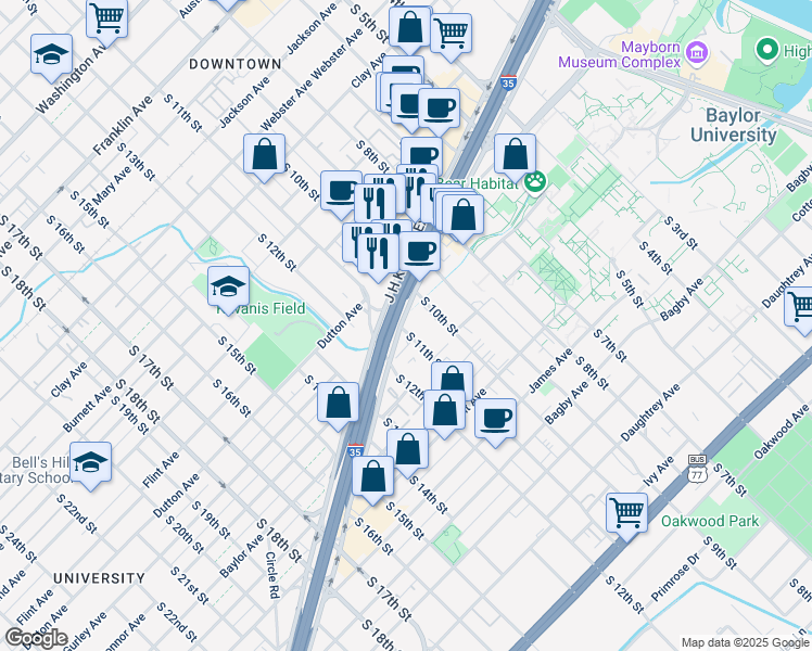 map of restaurants, bars, coffee shops, grocery stores, and more near 1200 South 11th Street in Waco
