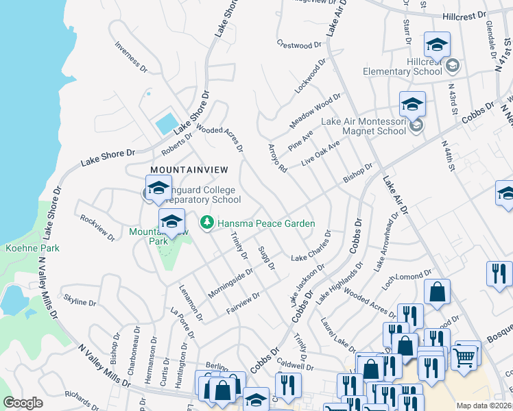 map of restaurants, bars, coffee shops, grocery stores, and more near 2307 Rosewood Drive in Waco