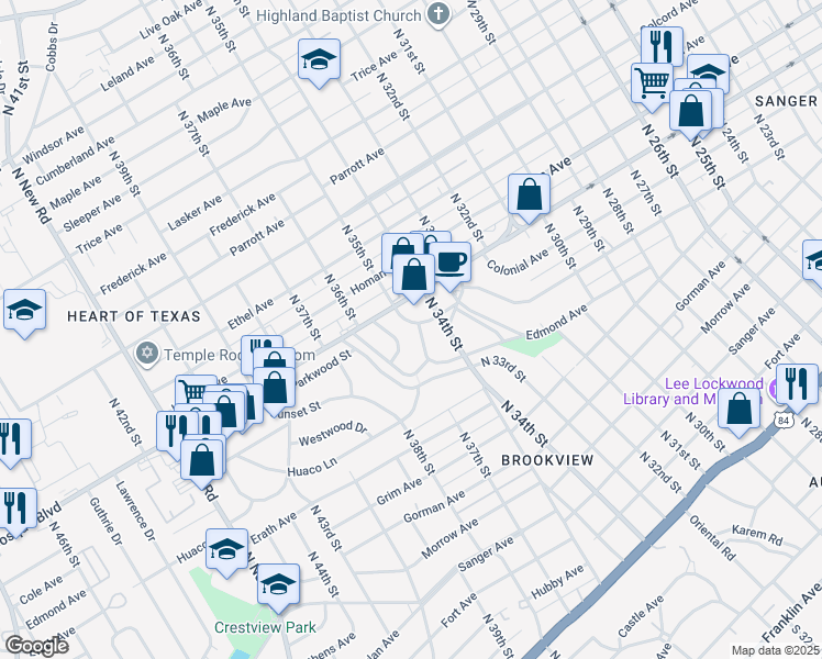 map of restaurants, bars, coffee shops, grocery stores, and more near 3414 Brook Circle in Waco
