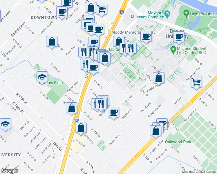 map of restaurants, bars, coffee shops, grocery stores, and more near 1415 South 9th Street in Waco