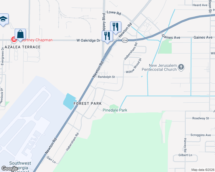 map of restaurants, bars, coffee shops, grocery stores, and more near 2411 Habersham Road in Albany