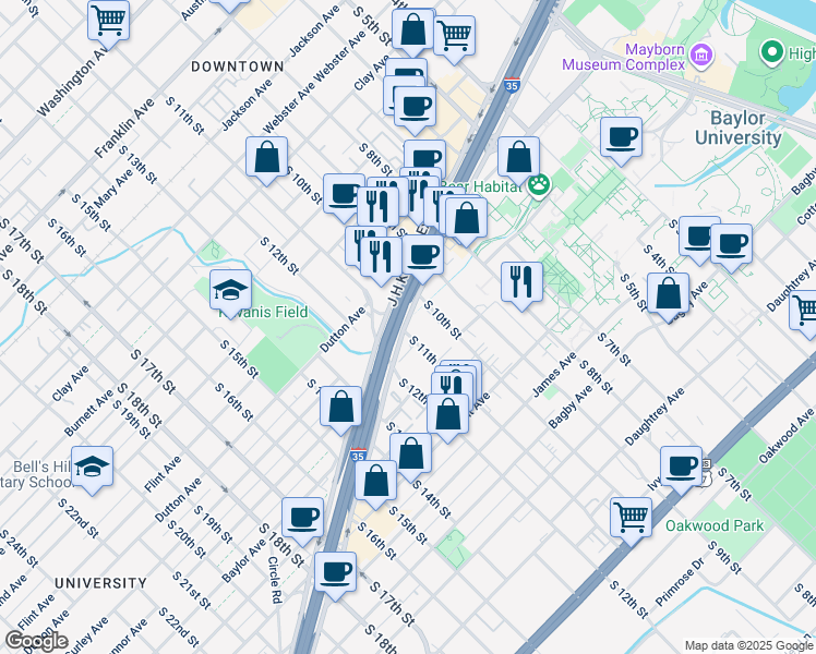 map of restaurants, bars, coffee shops, grocery stores, and more near 1200 South 11th Street in Waco